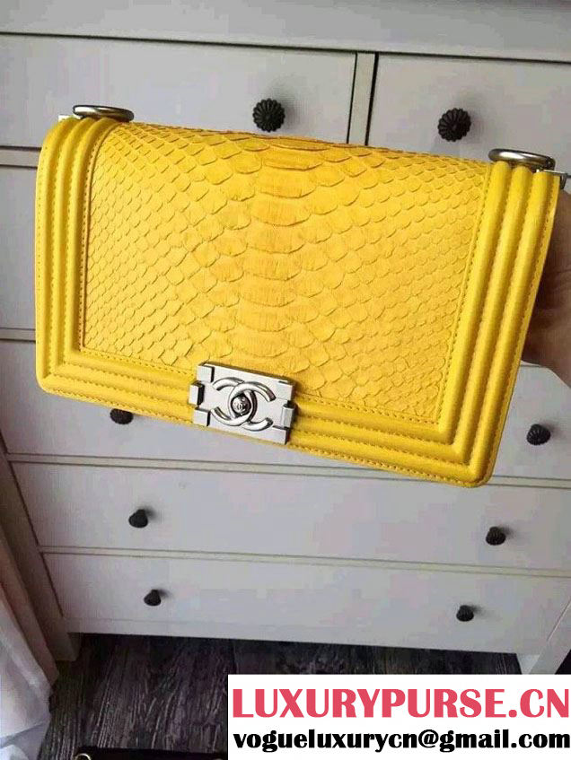 Chanel Shine Hardware Python Boy Flap Medium Bag Yellow/Silver 2016