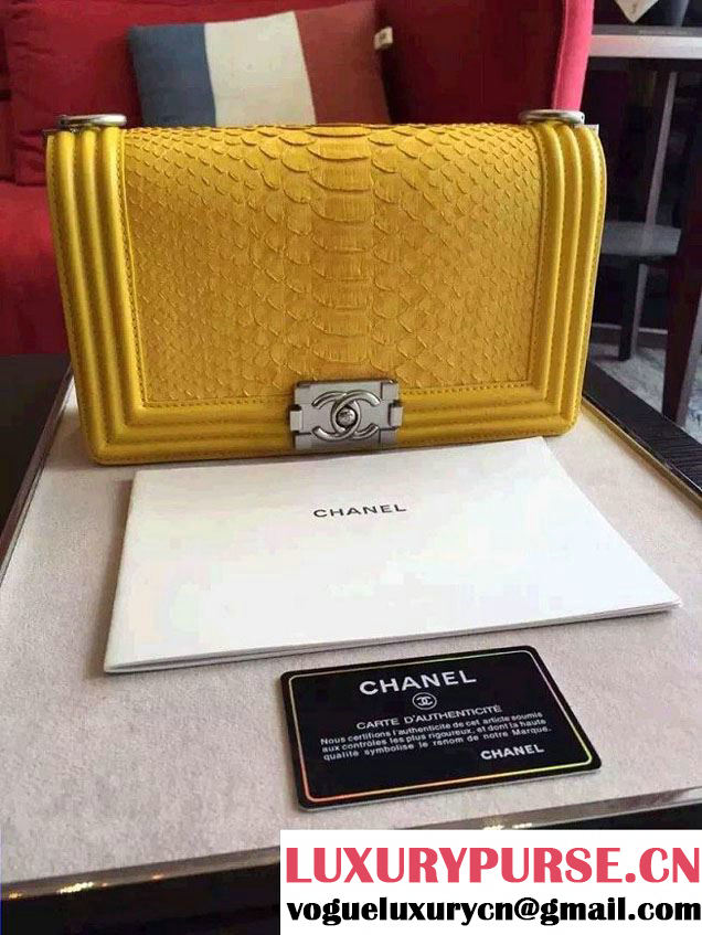 Chanel Shine Hardware Python Boy Flap Medium Bag Yellow/Silver 2016