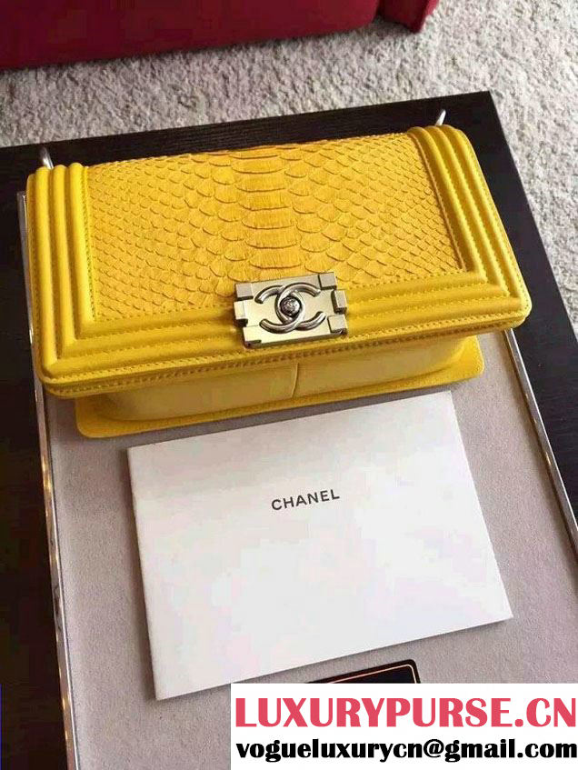 Chanel Shine Hardware Python Boy Flap Medium Bag Yellow/Silver 2016
