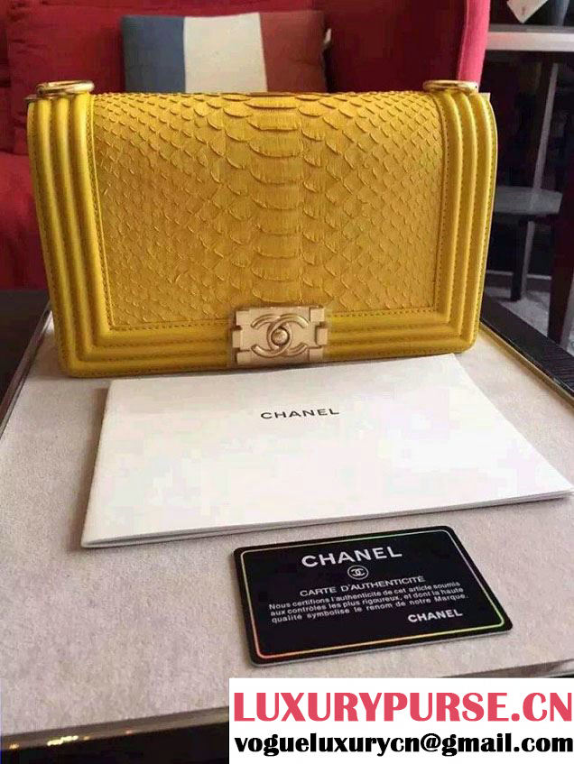 Chanel Shine Hardware Python Boy Flap Medium Bag Yellow/Gold 2016