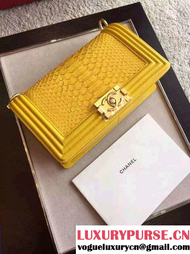 Chanel Shine Hardware Python Boy Flap Medium Bag Yellow/Gold 2016