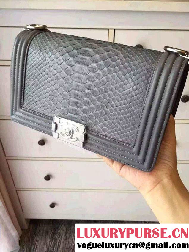 Chanel Shine Hardware Python Boy Flap Medium Bag Gray/Silver 2016