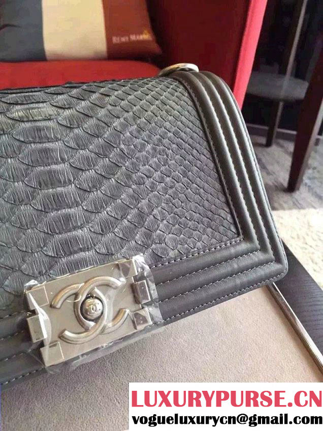 Chanel Shine Hardware Python Boy Flap Medium Bag Gray/Silver 2016