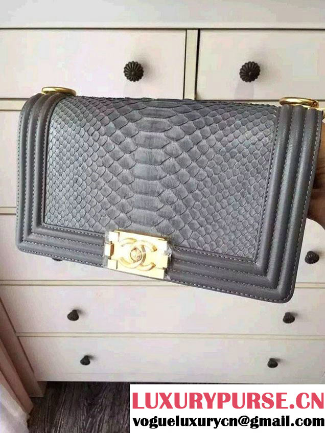 Chanel Shine Hardware Python Boy Flap Medium Bag Gray/Gold 2016