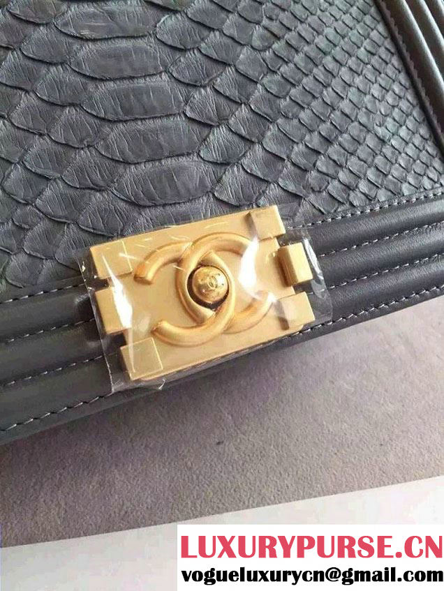 Chanel Shine Hardware Python Boy Flap Medium Bag Gray/Gold 2016