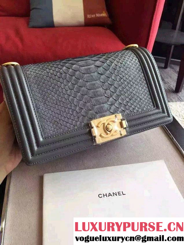 Chanel Shine Hardware Python Boy Flap Medium Bag Gray/Gold 2016
