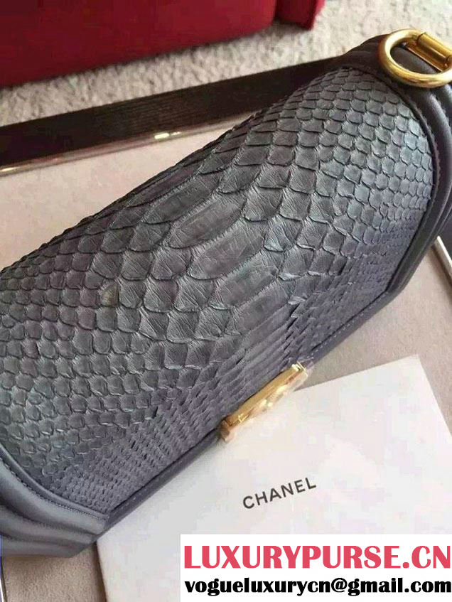 Chanel Shine Hardware Python Boy Flap Medium Bag Gray/Gold 2016