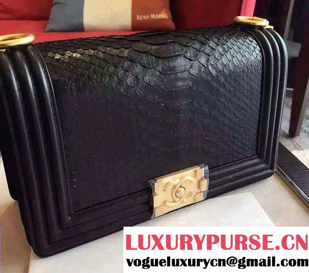 Chanel Shine Hardware Python Boy Flap Medium Bag Black/Gold 2016