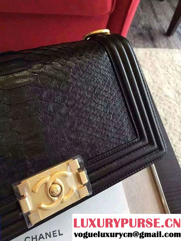 Chanel Shine Hardware Python Boy Flap Medium Bag Black/Gold 2016