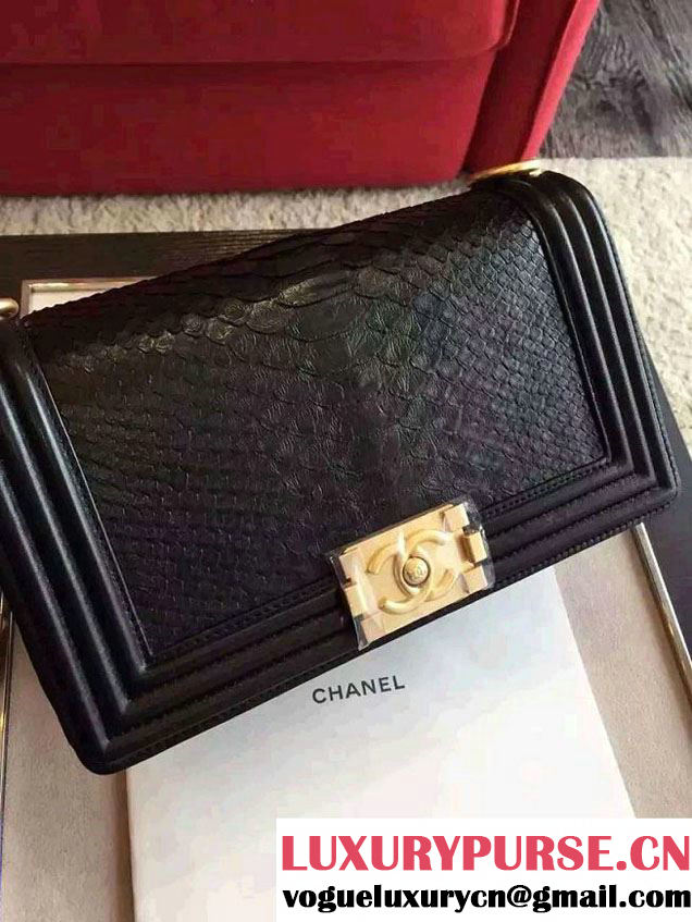 Chanel Shine Hardware Python Boy Flap Medium Bag Black/Gold 2016