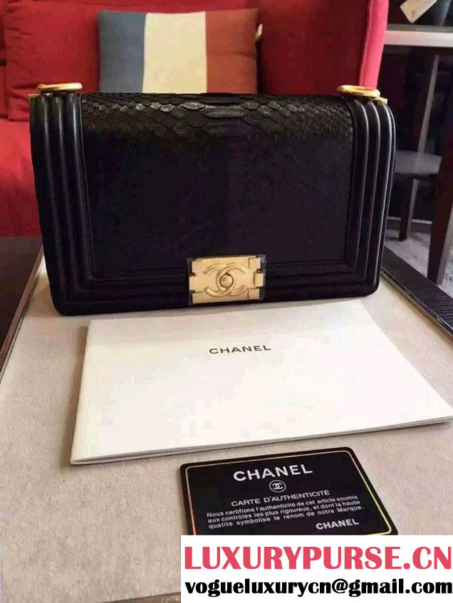 Chanel Shine Hardware Python Boy Flap Medium Bag Black/Gold 2016