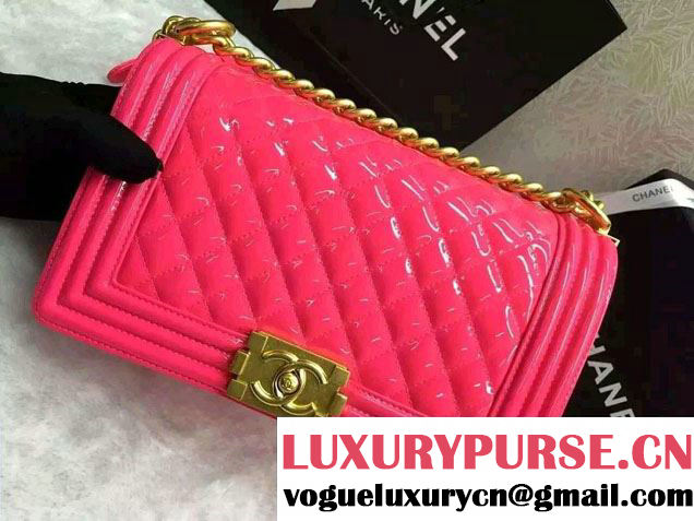 Chanel Medium Patent Leather Boy Flap Shoulder Bag Fushia 2016