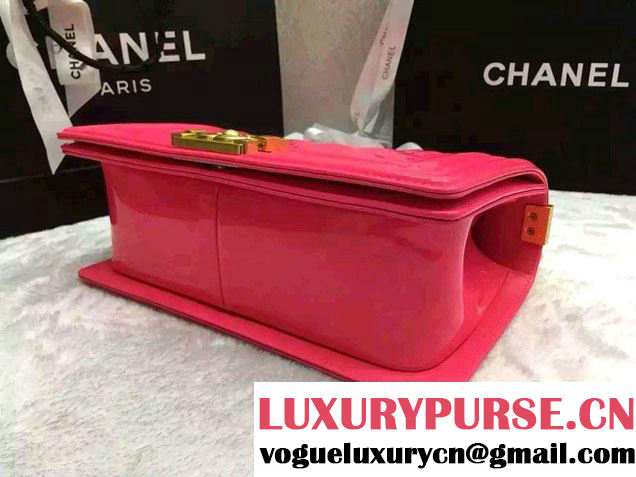 Chanel Medium Patent Leather Boy Flap Shoulder Bag Fushia 2016