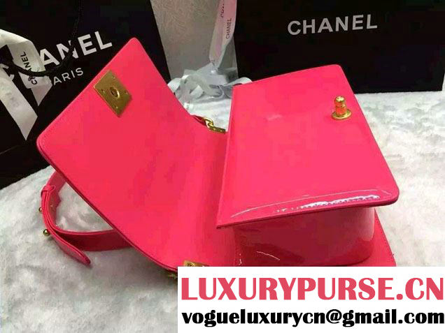 Chanel Medium Patent Leather Boy Flap Shoulder Bag Fushia 2016