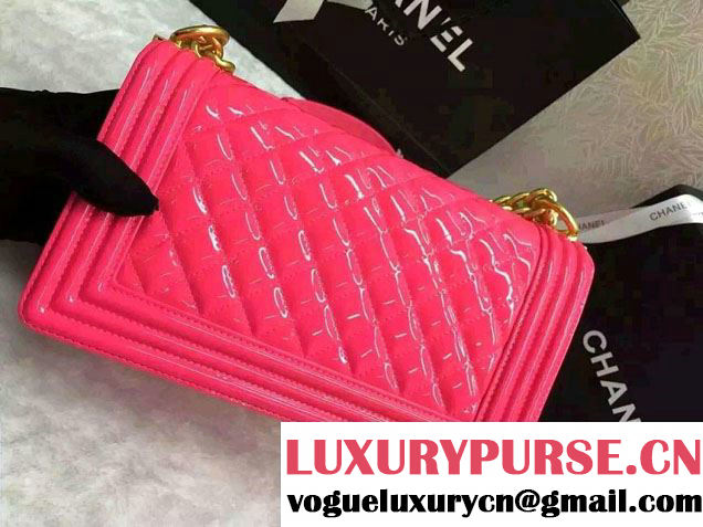 Chanel Medium Patent Leather Boy Flap Shoulder Bag Fushia 2016