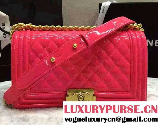 Chanel Medium Patent Leather Boy Flap Shoulder Bag Fushia 2016