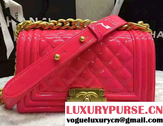 Chanel Small Patent Leather Boy Flap Shoulder Bag Fushia 2016