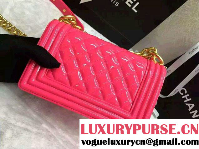 Chanel Small Patent Leather Boy Flap Shoulder Bag Fushia 2016