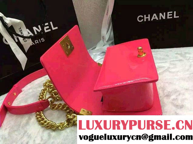 Chanel Small Patent Leather Boy Flap Shoulder Bag Fushia 2016