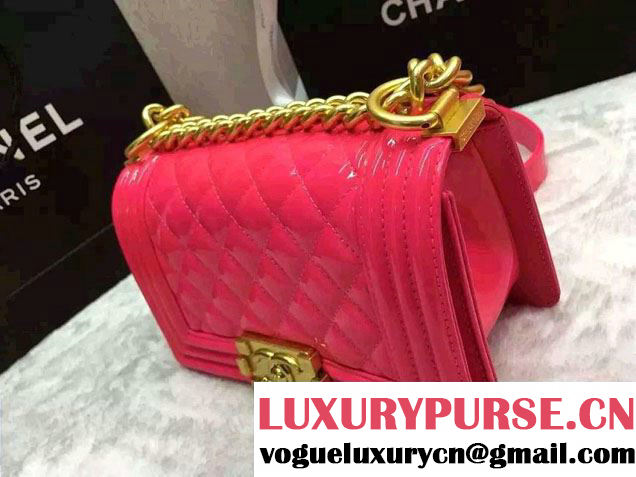 Chanel Small Patent Leather Boy Flap Shoulder Bag Fushia 2016