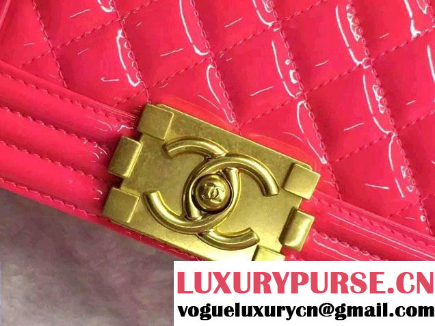 Chanel Small Patent Leather Boy Flap Shoulder Bag Fushia 2016