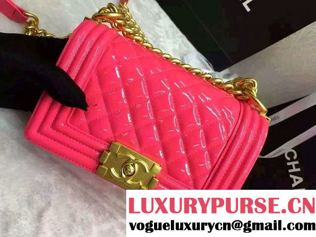 Chanel Small Patent Leather Boy Flap Shoulder Bag Fushia 2016