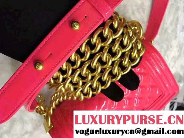 Chanel Small Patent Leather Boy Flap Shoulder Bag Fushia 2016