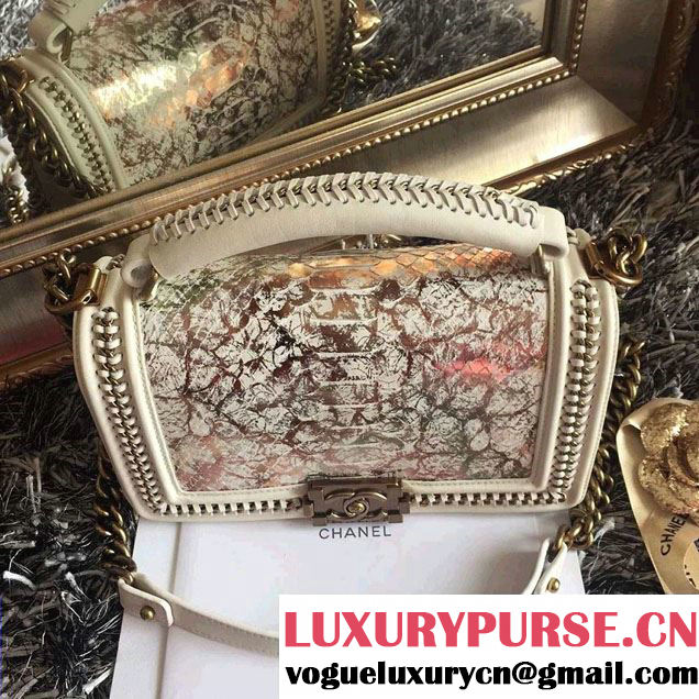 Chanel Python Chain Top Handle Boy Flap Medium Bag A94804 Off White 2015