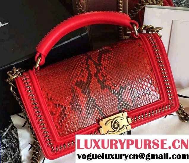 Chanel Python Chain Top Handle Boy Flap Medium Bag A94804 Red 2015