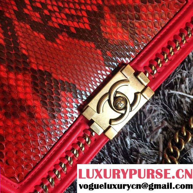 Chanel Python Chain Top Handle Boy Flap Medium Bag A94804 Red 2015