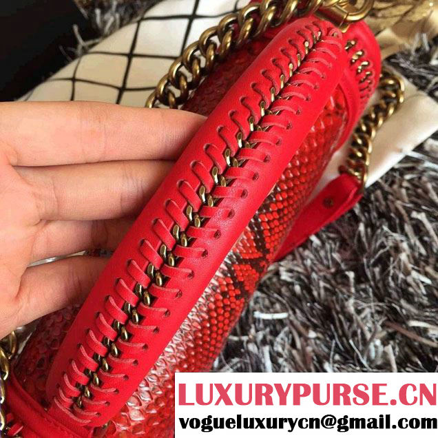Chanel Python Chain Top Handle Boy Flap Medium Bag A94804 Red 2015