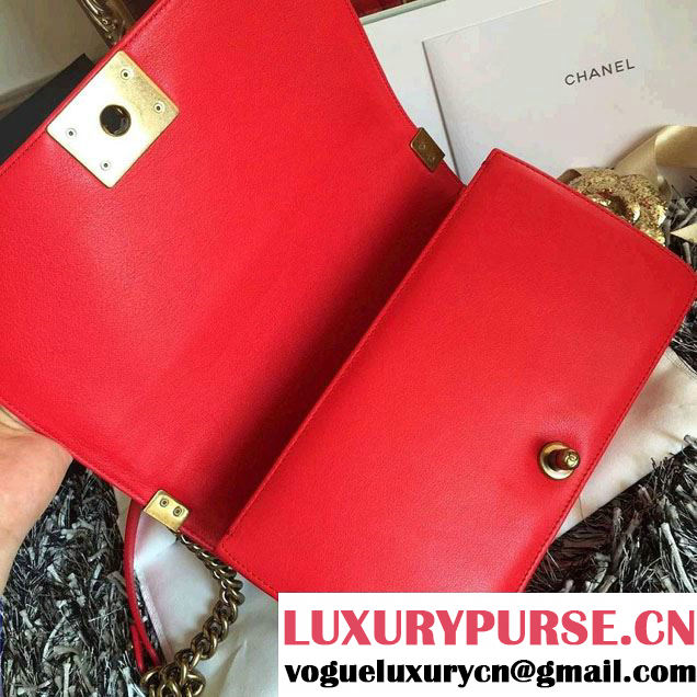 Chanel Python Chain Top Handle Boy Flap Medium Bag A94804 Red 2015