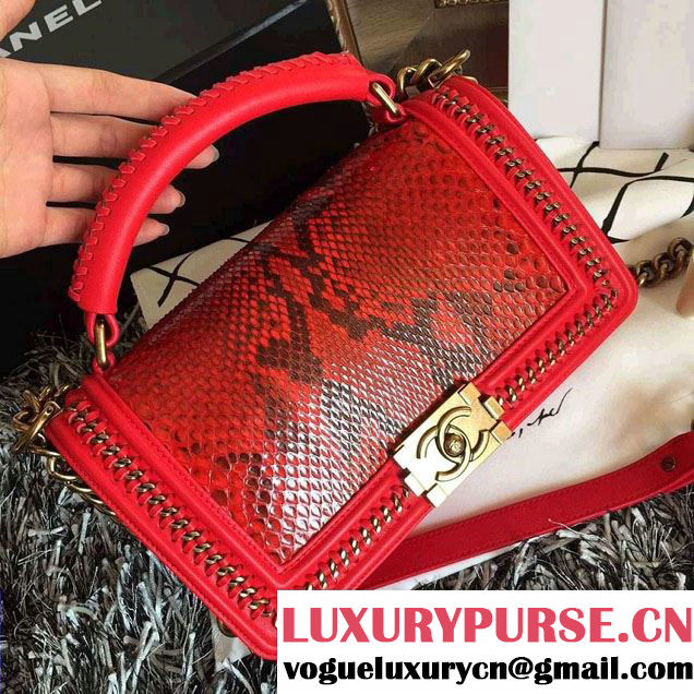 Chanel Python Chain Top Handle Boy Flap Medium Bag A94804 Red 2015