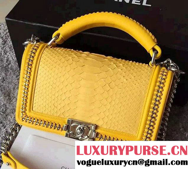 Chanel Python Chain Top Handle Boy Flap Bag A94804 Yellow 2015