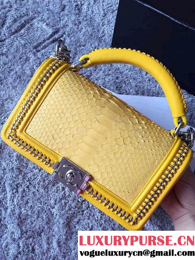 Chanel Python Chain Top Handle Boy Flap Bag A94804 Yellow 2015