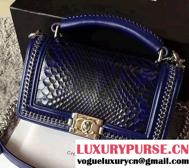 Chanel Python Chain Top Handle Boy Flap Bag A94804 Blue 2015