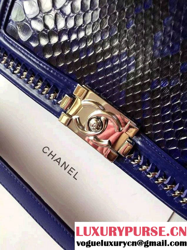 Chanel Python Chain Top Handle Boy Flap Bag A94804 Blue 2015
