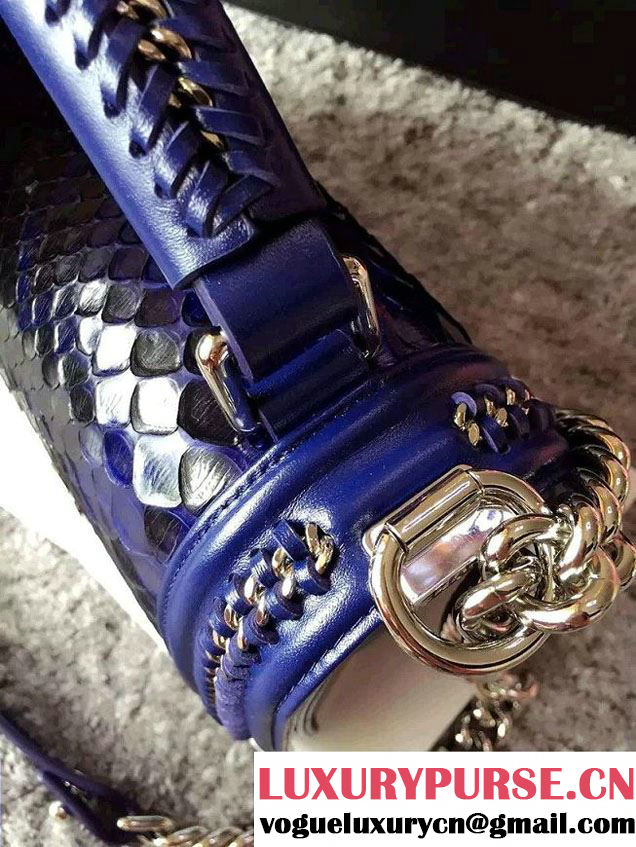 Chanel Python Chain Top Handle Boy Flap Bag A94804 Blue 2015