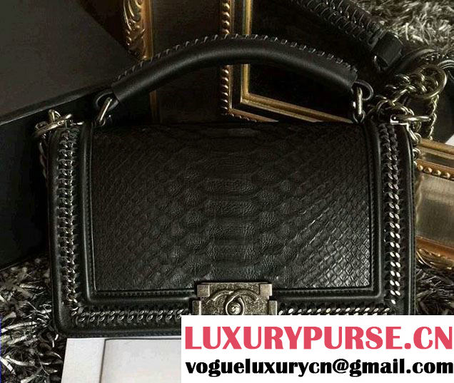 Chanel Python Chain Top Handle Boy Flap Bag A94804 Black 2015