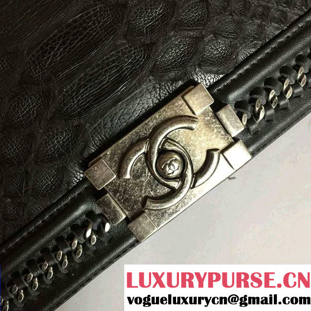 Chanel Python Chain Top Handle Boy Flap Bag A94804 Black 2015
