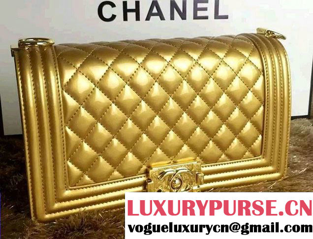 Chanel Medium Patent Leather Boy Flap Shoulder Bag Gold 2016