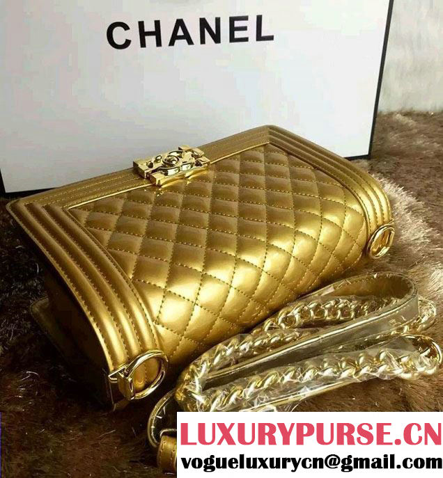 Chanel Medium Patent Leather Boy Flap Shoulder Bag Gold 2016