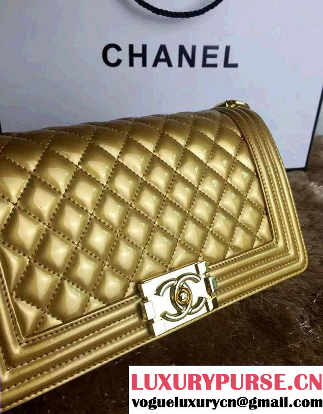Chanel Medium Patent Leather Boy Flap Shoulder Bag Gold 2016