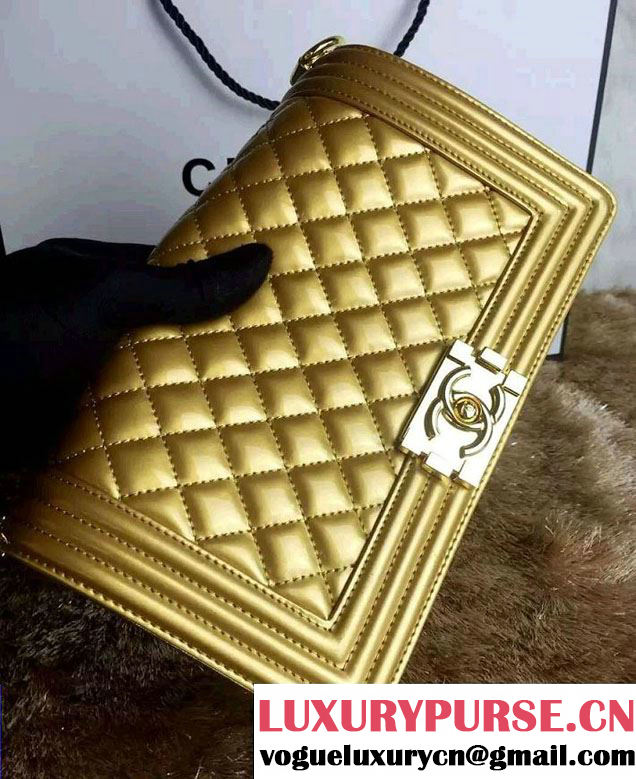 Chanel Medium Patent Leather Boy Flap Shoulder Bag Gold 2016