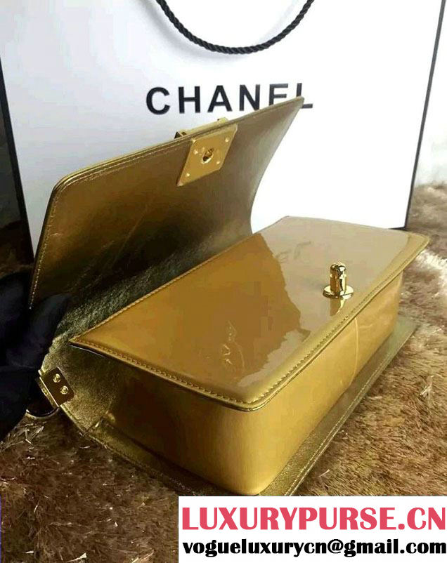 Chanel Medium Patent Leather Boy Flap Shoulder Bag Gold 2016