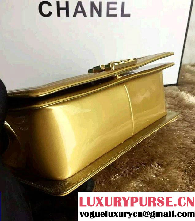 Chanel Medium Patent Leather Boy Flap Shoulder Bag Gold 2016