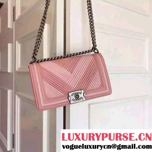Chanel Pleated Calfskin Boy Flap Shoulder Medium Bag Pink 2016