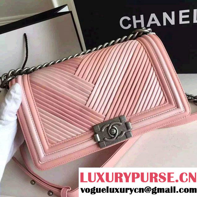 Chanel Pleated Calfskin Boy Flap Shoulder Medium Bag Pink 2016