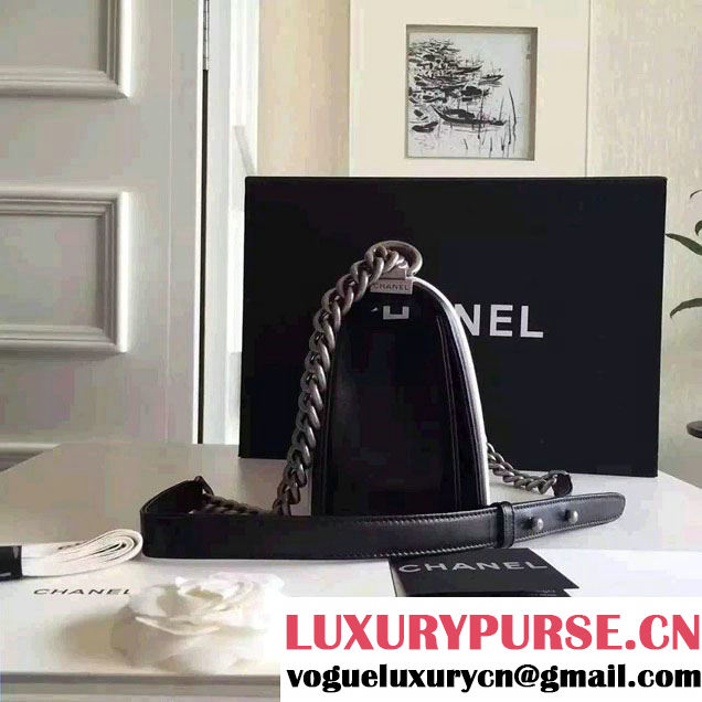 Chanel Pleated Calfskin Boy Flap Shoulder Medium Bag Black/White 2016