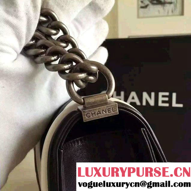 Chanel Pleated Calfskin Boy Flap Shoulder Medium Bag Black/White 2016